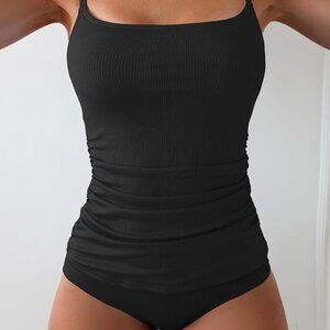 Women's Tummy Control Tankini Swimsuit - Ribbed Full Coverage Two Piece M